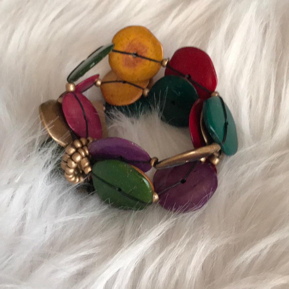 Bohemian bracelet Multicolor chunky wood disc stretch bracelet band